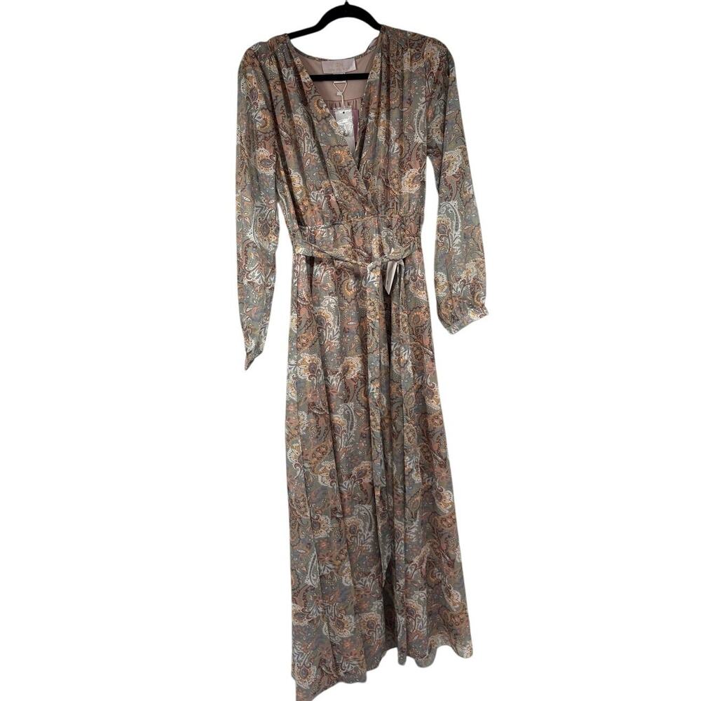 Fall Paisley V Neck Long Sleeve Dress Womens M NWT DM Fashion Grey Floral
